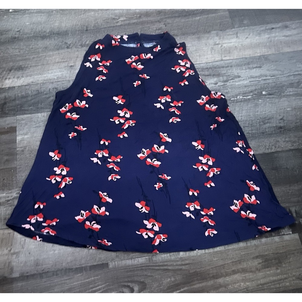 LOFT Outlet Navy Floral Woven Tank Blouse V-Neck Button Sleeveless Women S